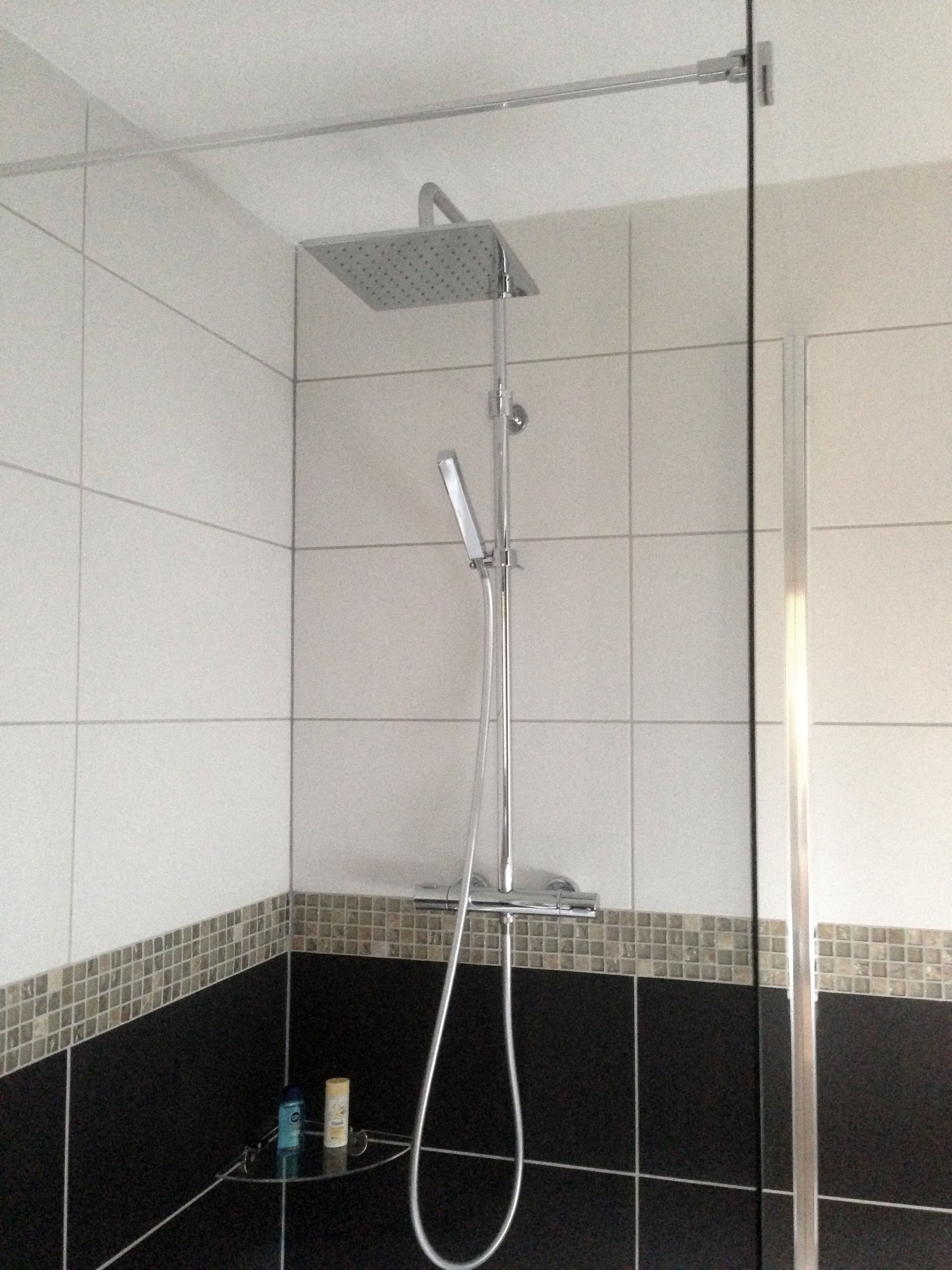Eine Dusche mit Handbrause und Kopfbrause, eine Glastür sowie ein gefliester Boden mit schwarzem und beigem Rand.