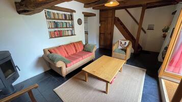 Televisie, een open haard en boeken
