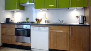 A kitchen with green cabinets, a stove, a dishwasher, and a sink. - House Kloss - cozy apartment nouveau (verona)