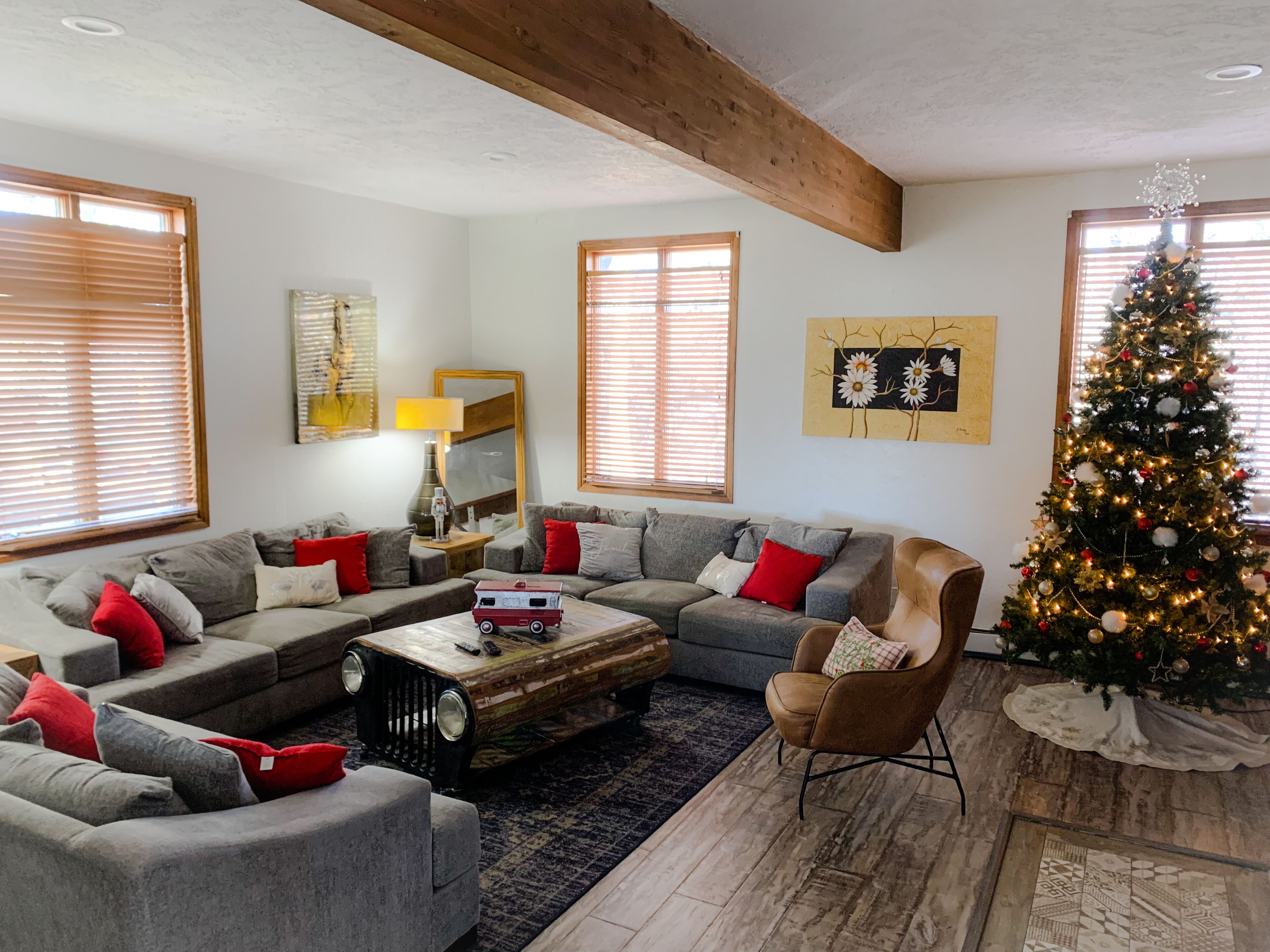 TV connectée, cheminée, lecteur de DVD, livres