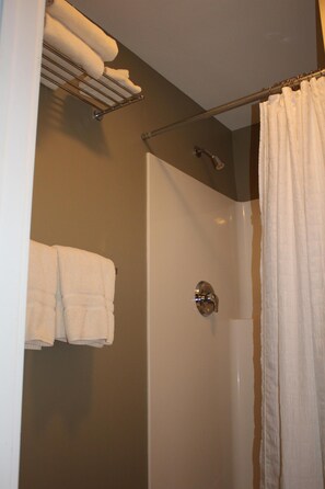 Combined shower/bathtub, jetted bath, hair dryer, towels
