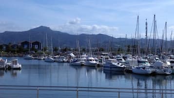 A marina with numerous boats docked, a clear sky, and mountains in the background.