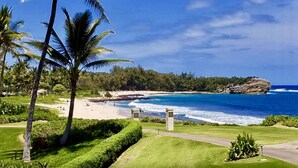 Paisaje costero con playa, palmeras y cielo azul despejado.