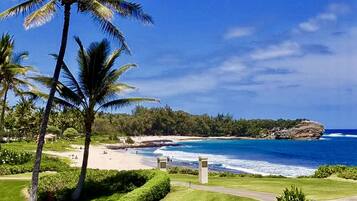 Nær stranden, solsenger og strandhåndklær