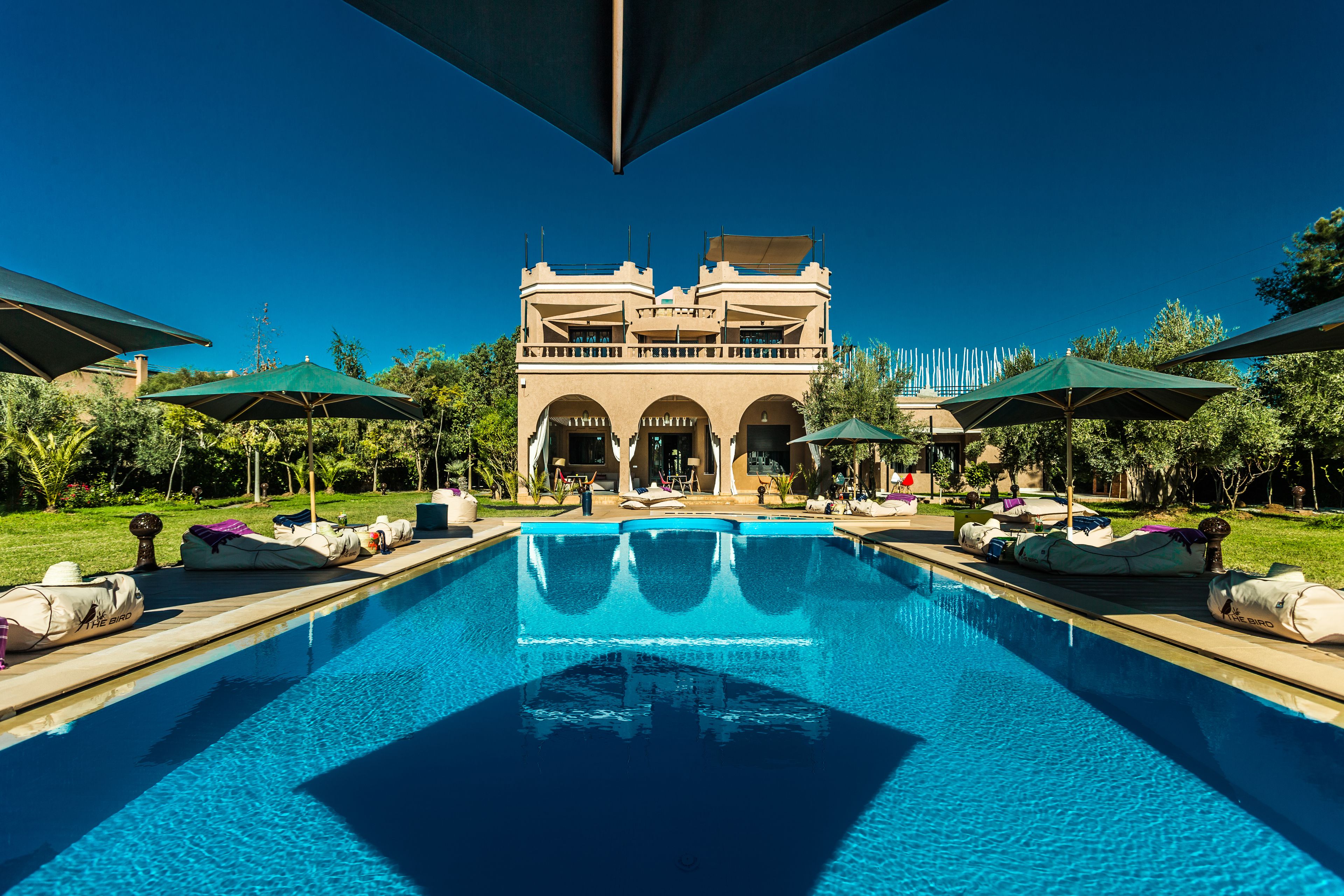 Una piscina al aire libre, sombrillas, sillones reclinables de piscina
