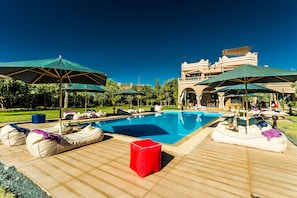 Outdoor pool, open 9:00 AM to 8:00 PM, pool umbrellas, pool loungers