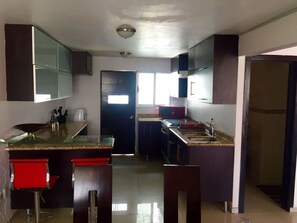 Full-sized fridge, microwave, oven, stovetop