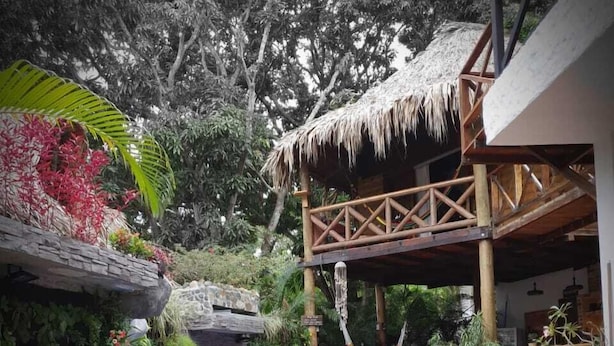 Un espace piscine bordé de pierres, doté d’une terrasse en bois et d’une structure surmontée d’un toit de chaume.