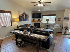 Smart TV, fireplace, table football, stereo