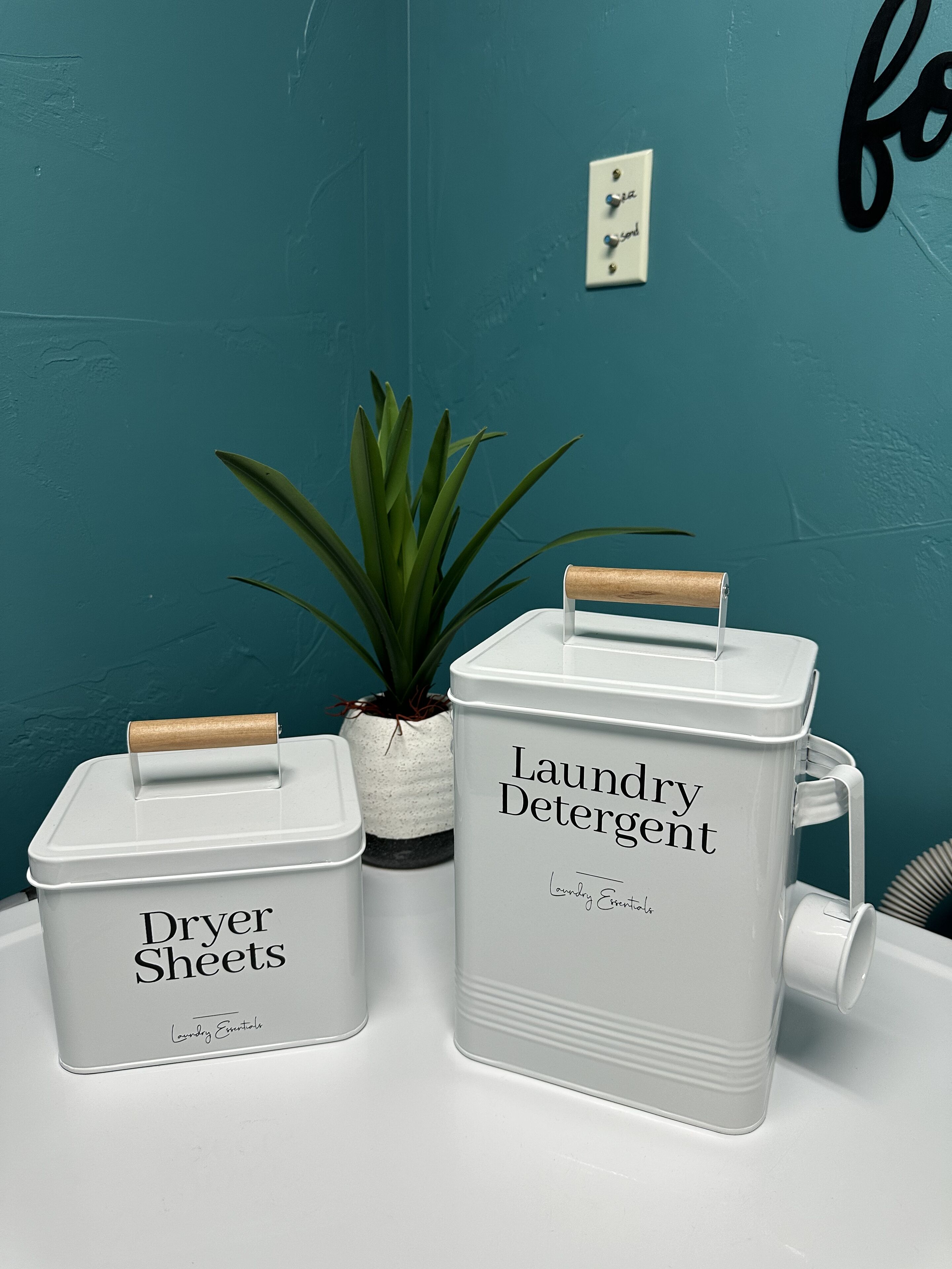 Two white laundry containers with labels, a potted plant, and a wall socket.