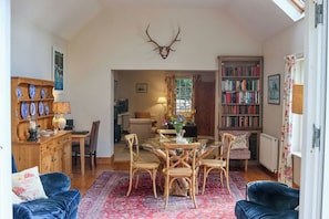 Smart TV, fireplace, DVD player, books