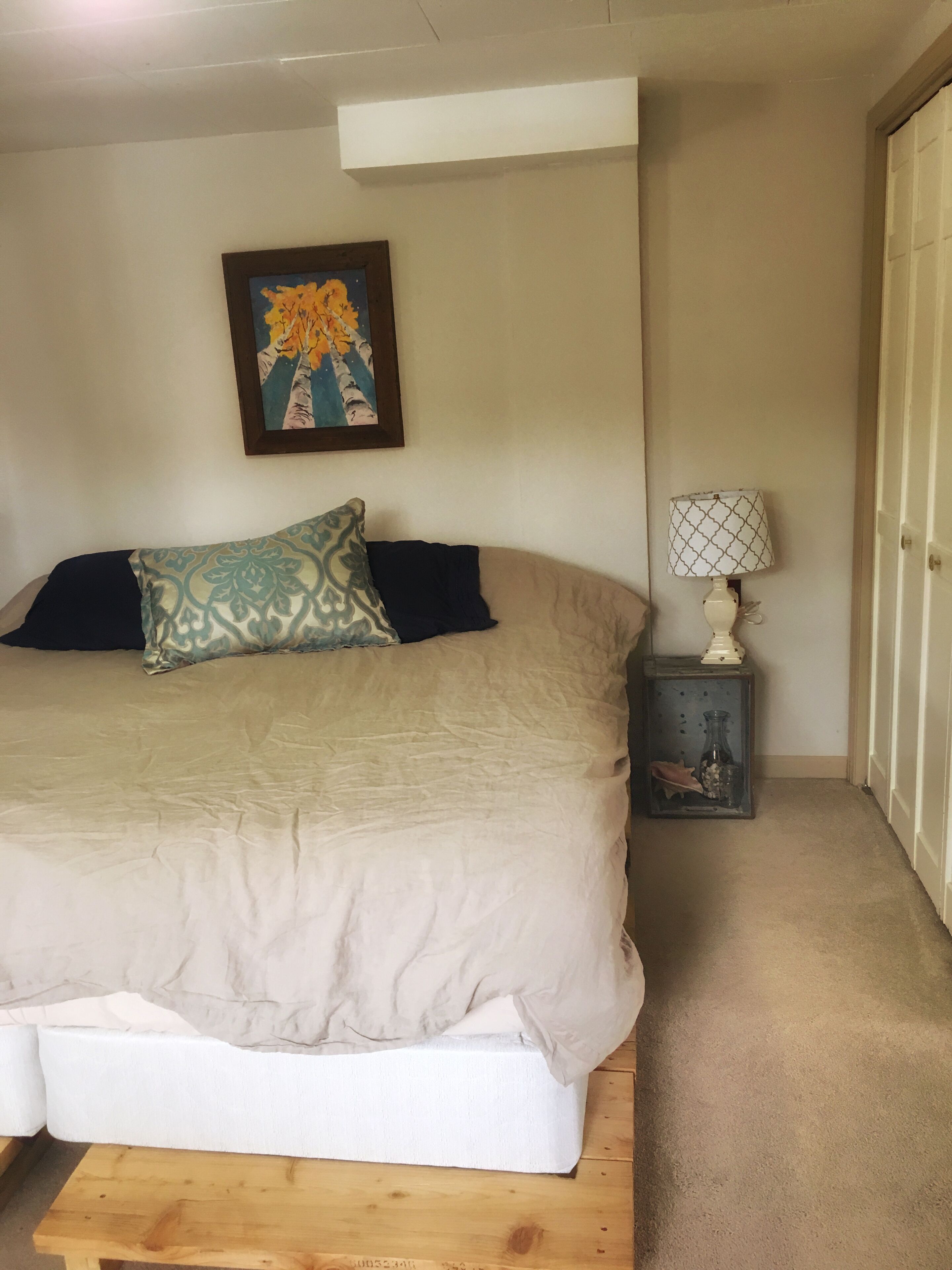 Une chambre à coucher avec un lit, des oreillers, une table de chevet avec une lampe, un tableau encadré au mur et une porte.