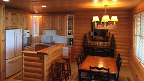 A log cabin interior with a kitchen, dining area, and a fireplace.