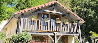 Chalet *** by the lake with a boat, swimming pool, pets allowed, beds made,quiet