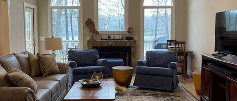 Smart TV, fireplace, video games, DVD player