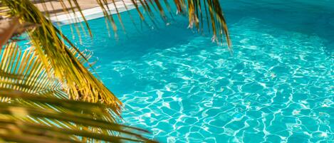 Outdoor pool, a heated pool, pool umbrellas