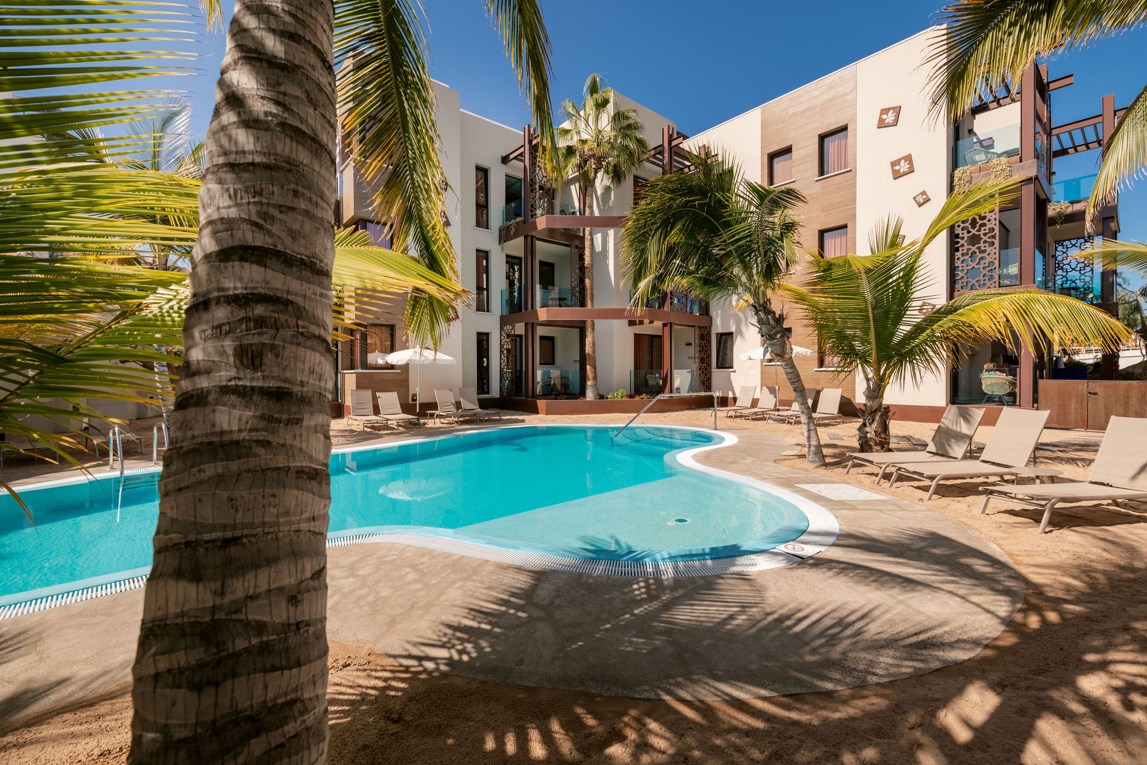 A swimming pool surrounded by palm trees and lounge chairs, with a multi-story building in the background.