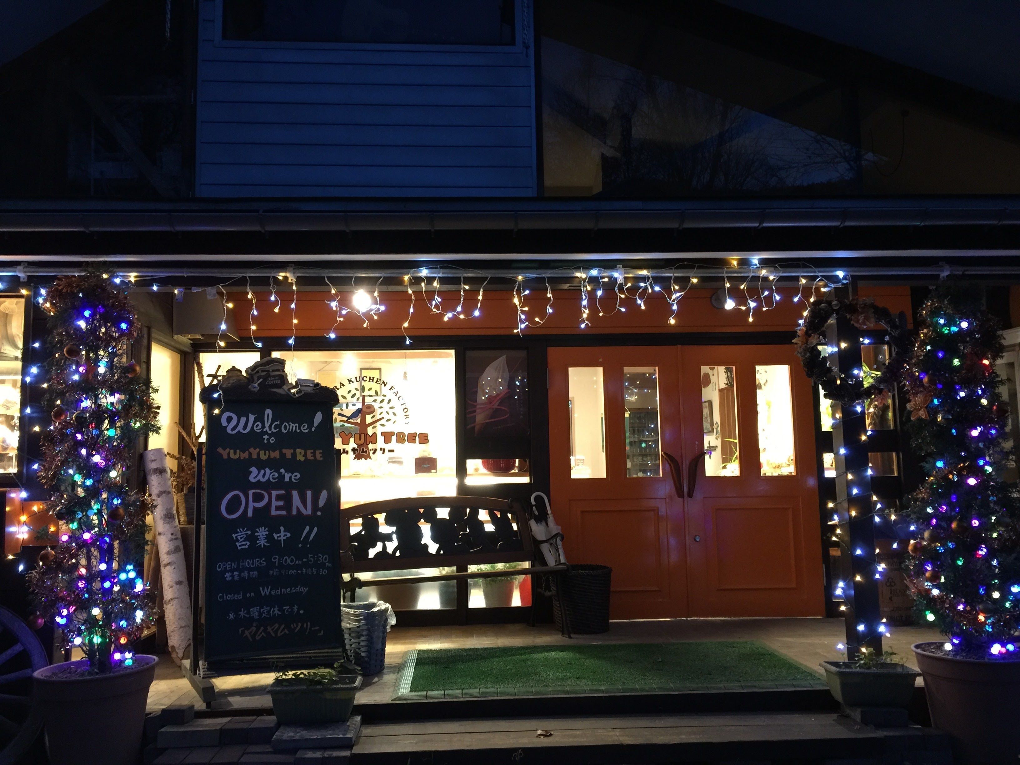 A storefront with a Christmas tree and lights, a sign indicating it's open, and a visible entrance.