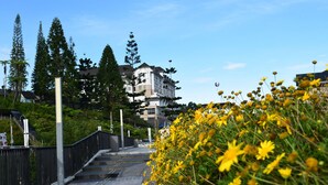 A staircase leading up to a multi-story building surrounded by greenery and yellow flowers. - Avillion Cameron Highlands (Tanah Rata)