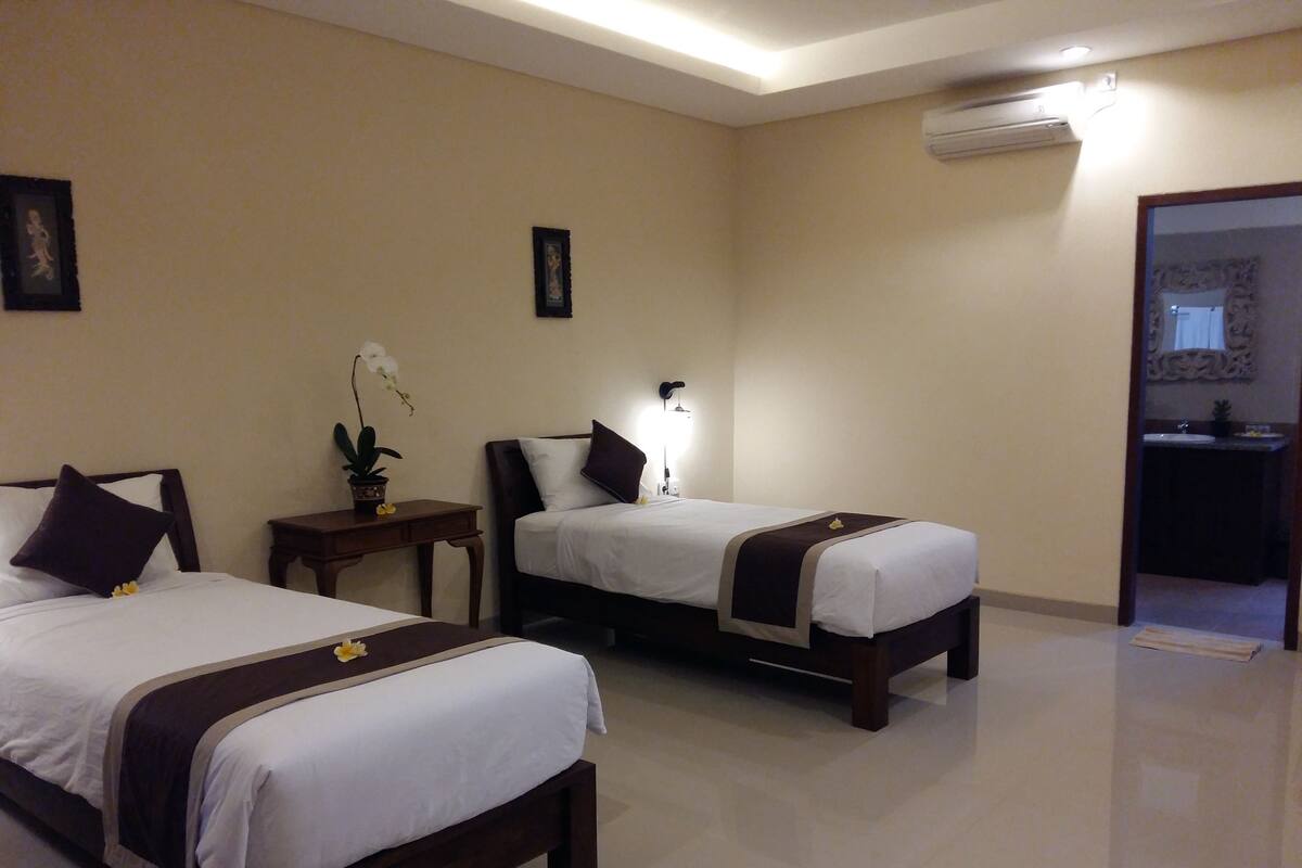 A hotel room with two beds, a small table with a potted plant, and an air conditioning unit on the wall.