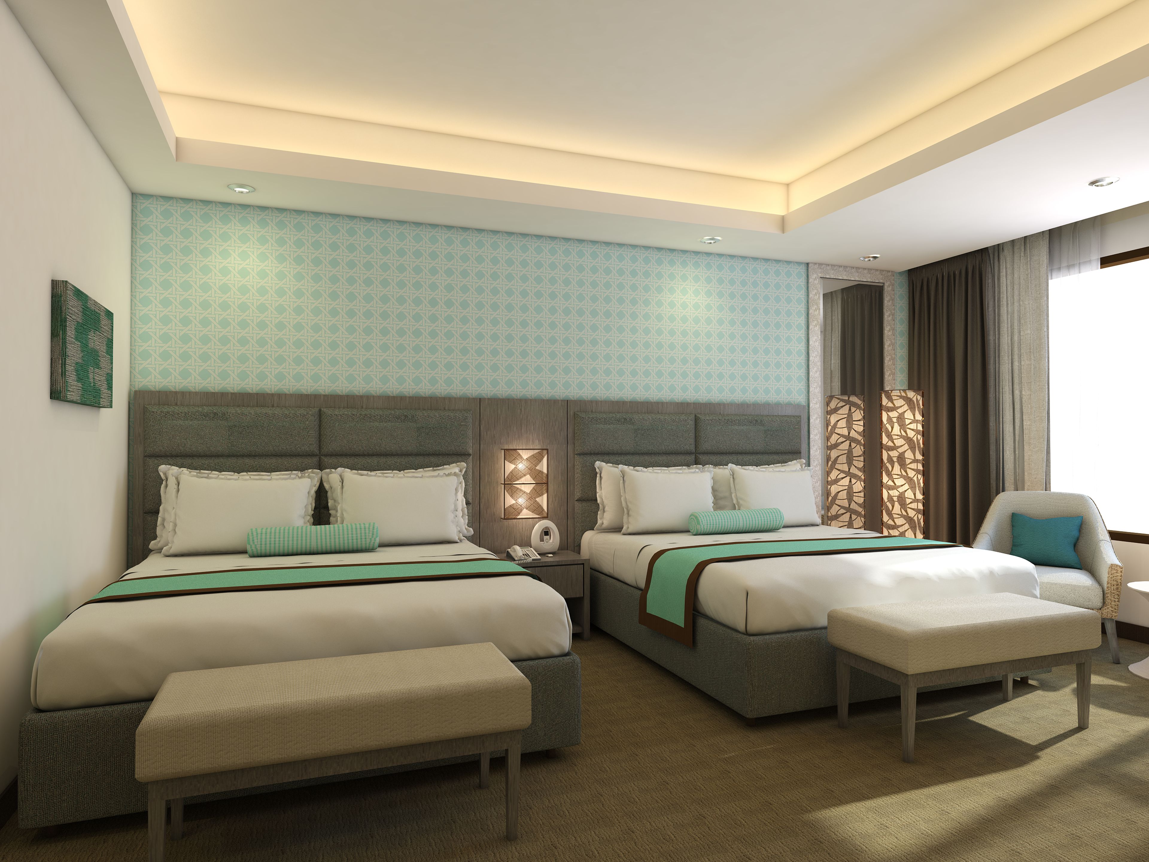 A modern hotel room with two beds, a bench, a chair, and a large window.