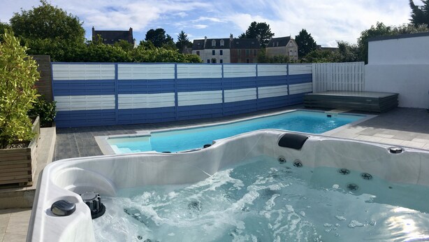 Een zwembad met een jacuzzi in een achtertuin.
