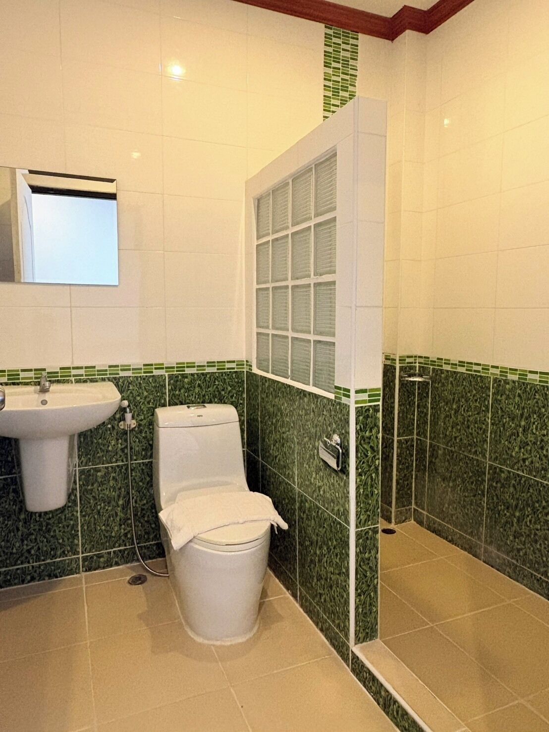 A bathroom with a toilet, sink, and shower area.