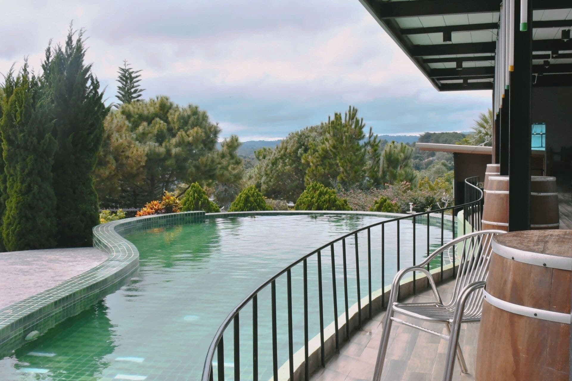 A curved infinity pool with a metal railing, surrounded by lush greenery and overlooking a distant landscape.