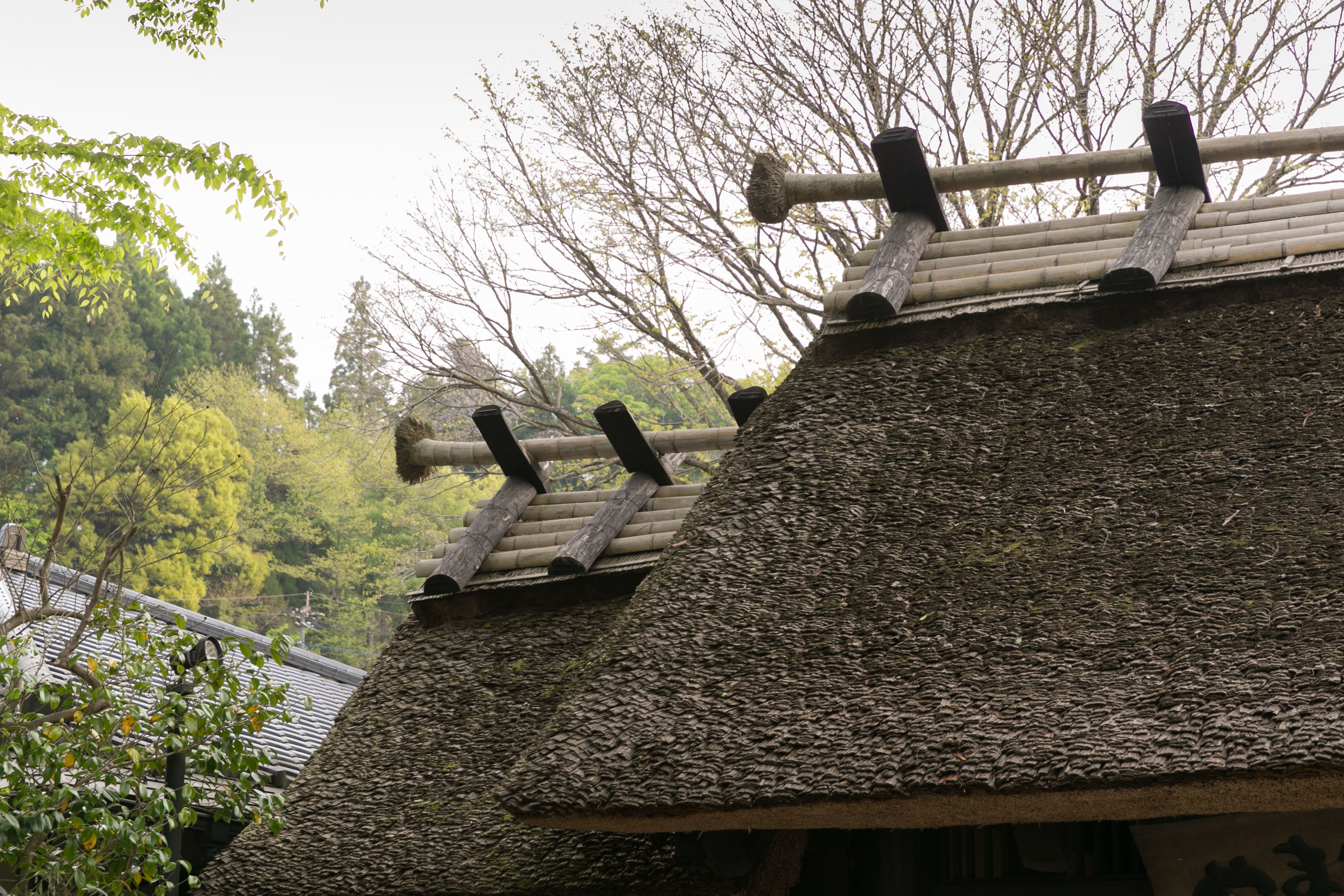A traditional thatched roof structure with a wooden beam and a bamboo fence.