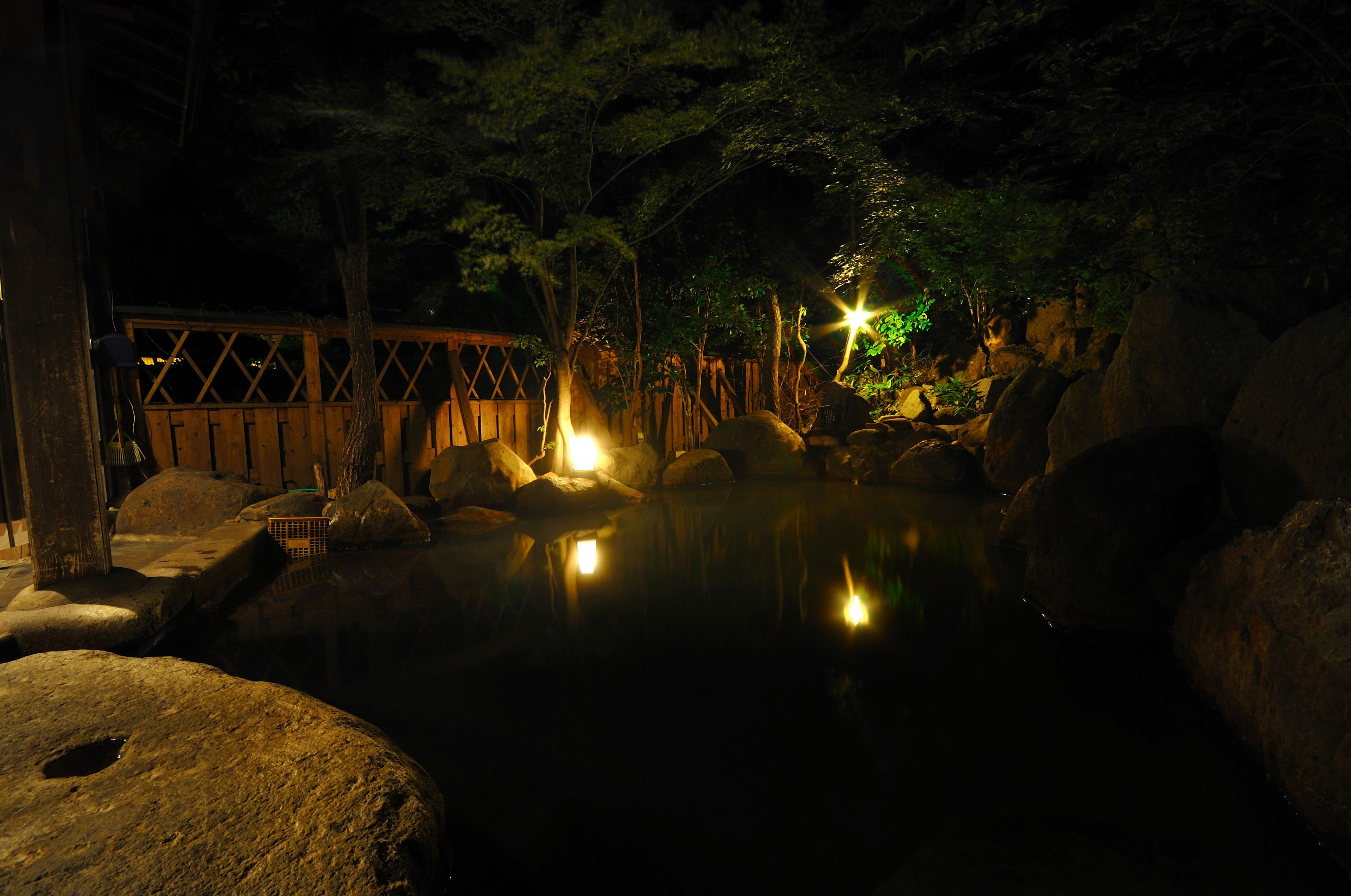 A tranquil outdoor setting with a wooden bridge, large rocks, and a pond reflecting lights.