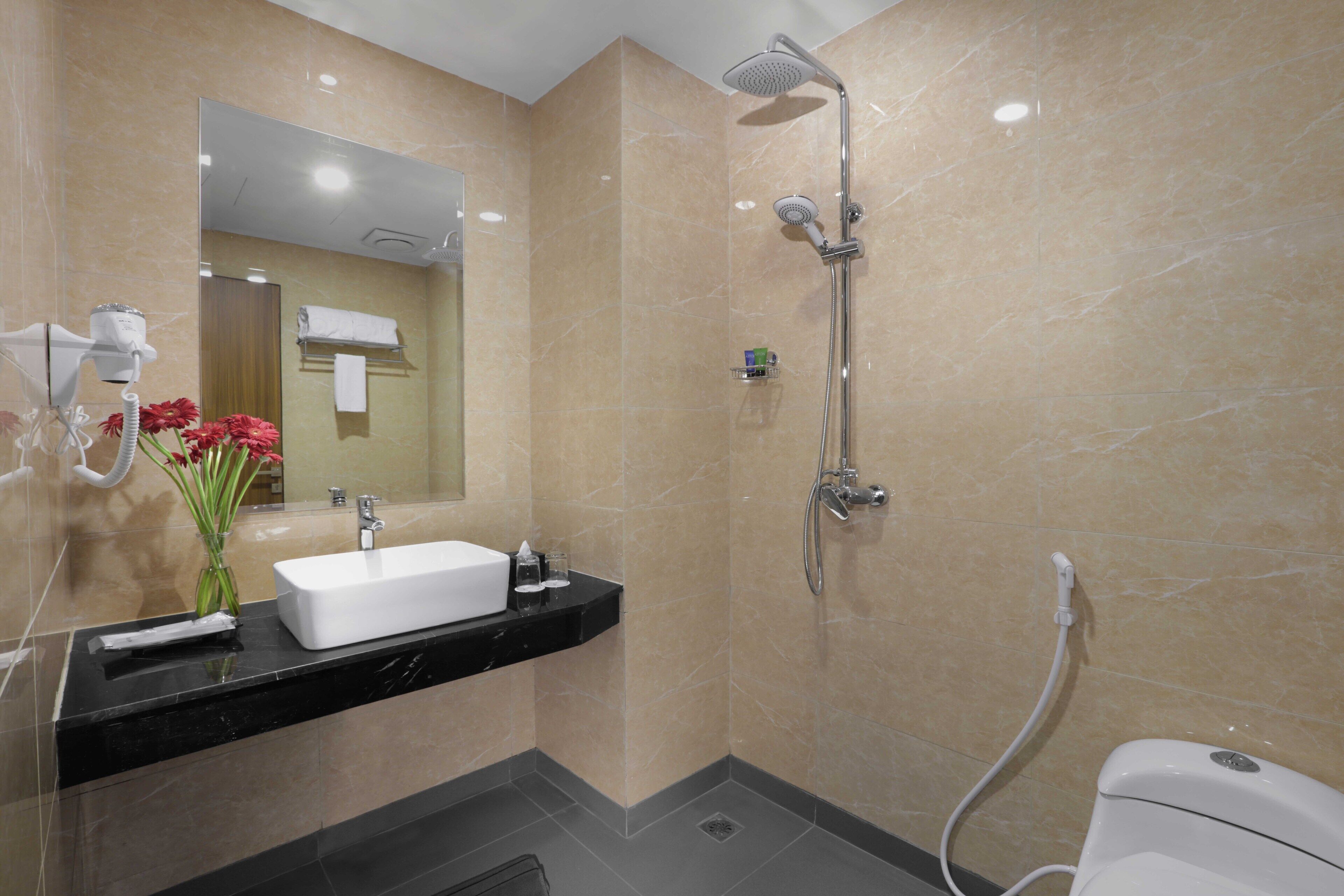 Un baño moderno con un lavamanos blanco, un espejo, un cabezal de ducha de mano y un inodoro.