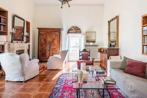 TV connectée, cheminée, lecteur de DVD, livres