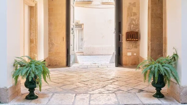 An arched doorway leading to a courtyard with a tiled floor and two potted ferns.