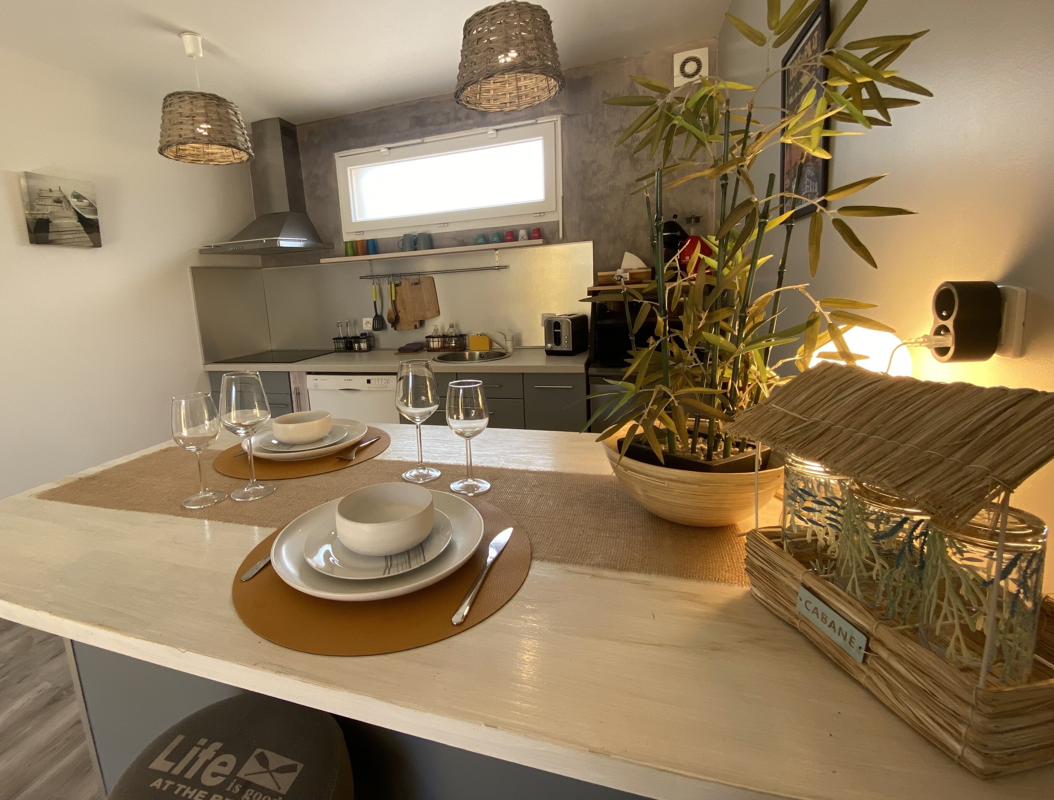 Una cocina moderna con una isla central, comedor y una planta de bambú.