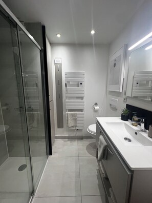Shower, hair dryer, towels, soap