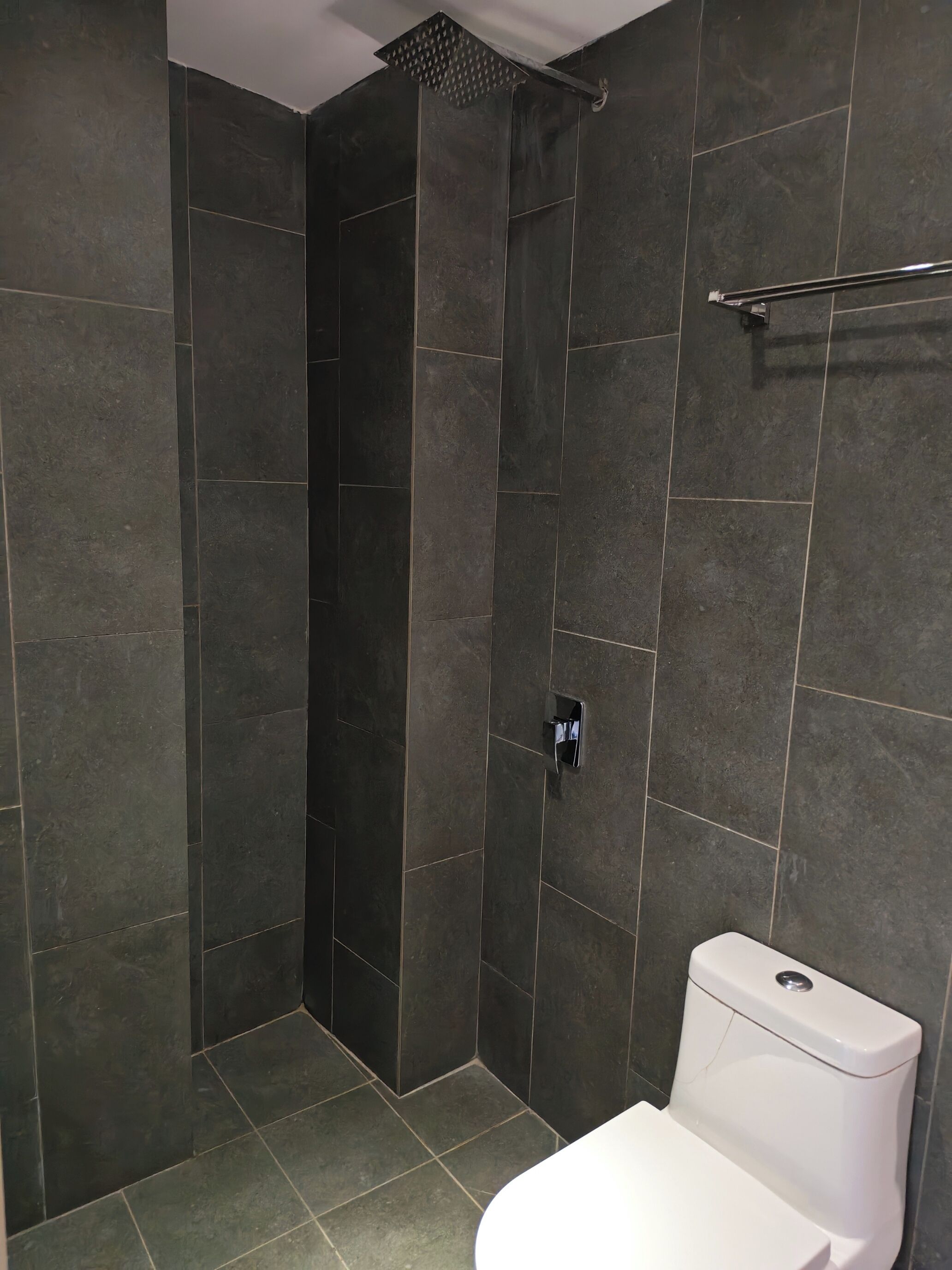 A bathroom with dark tiles, a white toilet, and a shower area.