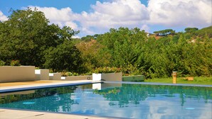 En swimmingpool med klart vatten, omgiven av grönska och träd.