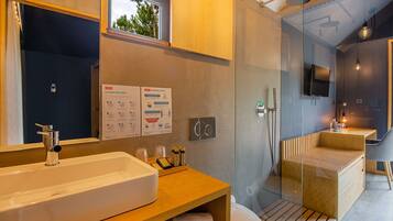 A modern bathroom with a large sink, a shower, and a wooden vanity. There are instructional posters on the wall and a television mounted above the mirror.