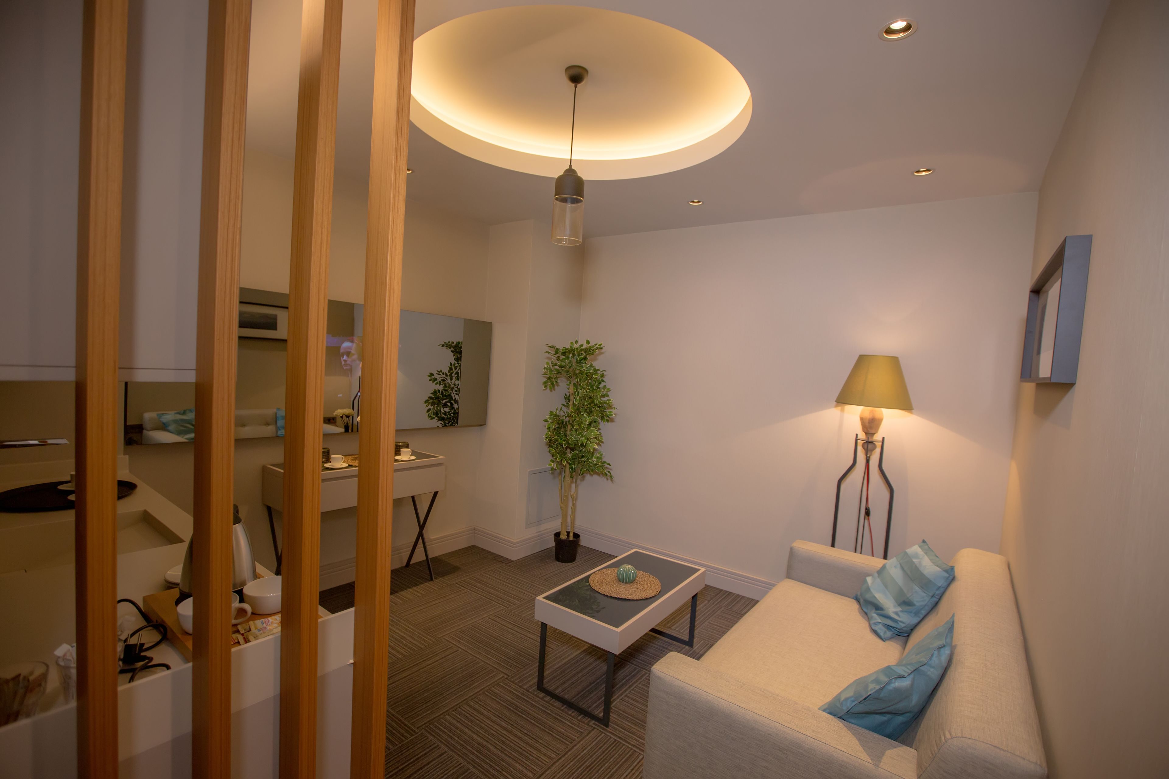 A modern living room with a sofa, a coffee table, a lamp, and a potted plant.