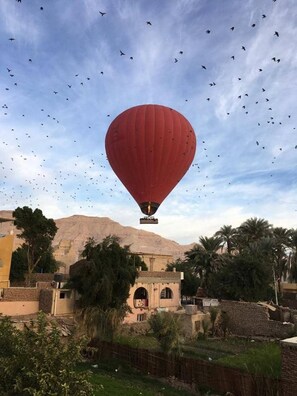 A hot air balloon flying over a rural area with traditional buildings and palm trees. - Amenophis Hotel (Luxor)