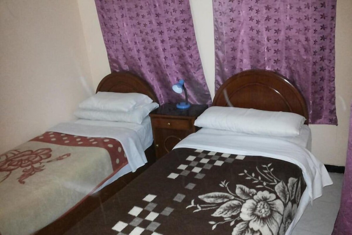 A room with two beds, each with a different patterned bedspread, a nightstand with a lamp, and purple curtains.
