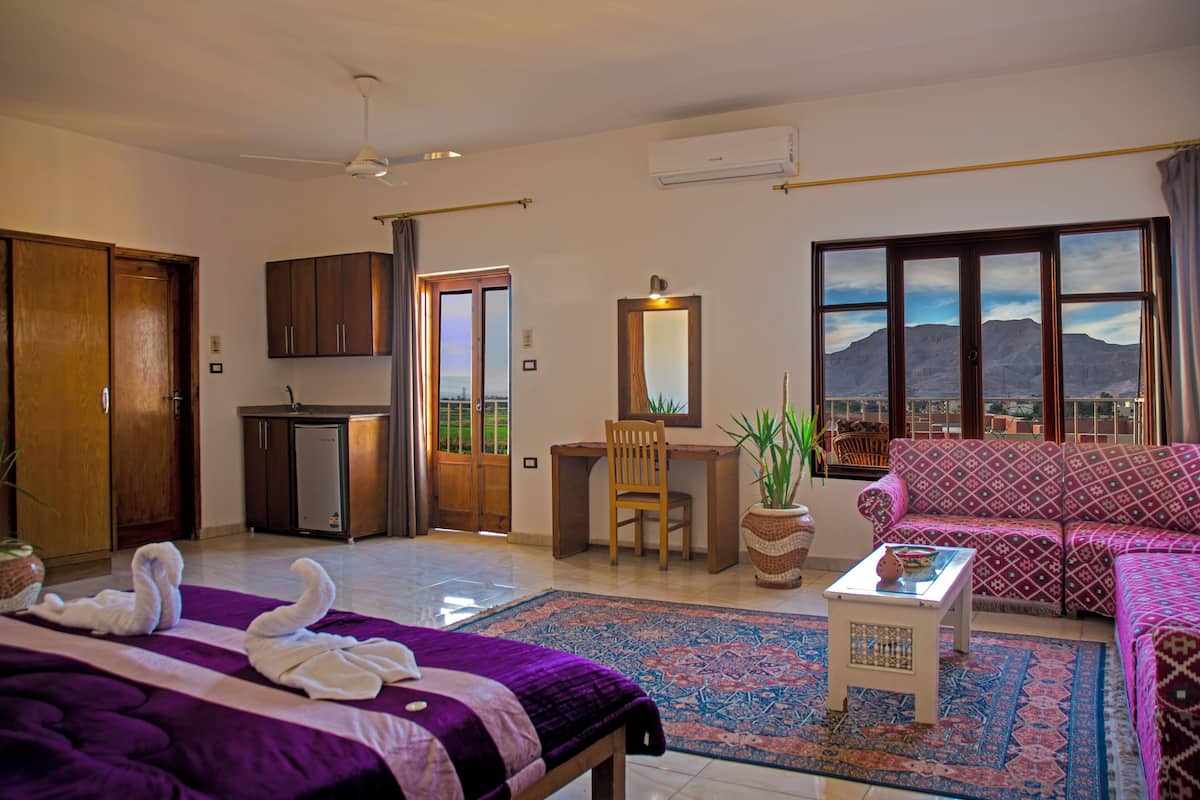 A hotel room with a bed, a desk, a sofa, a small table, a potted plant, and a view of mountains through the window.