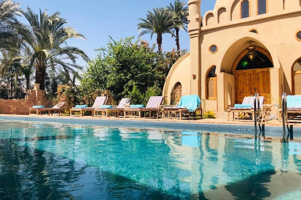 Outdoor pool, a natural pool, sun loungers