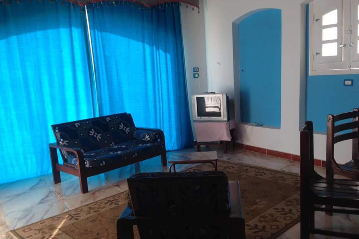 A living room with a blue sofa, a television on a stand, a wooden chair, and a patterned rug.
