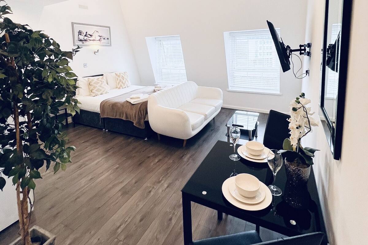 A modern living room with a sofa, a dining table with chairs, and a potted plant.