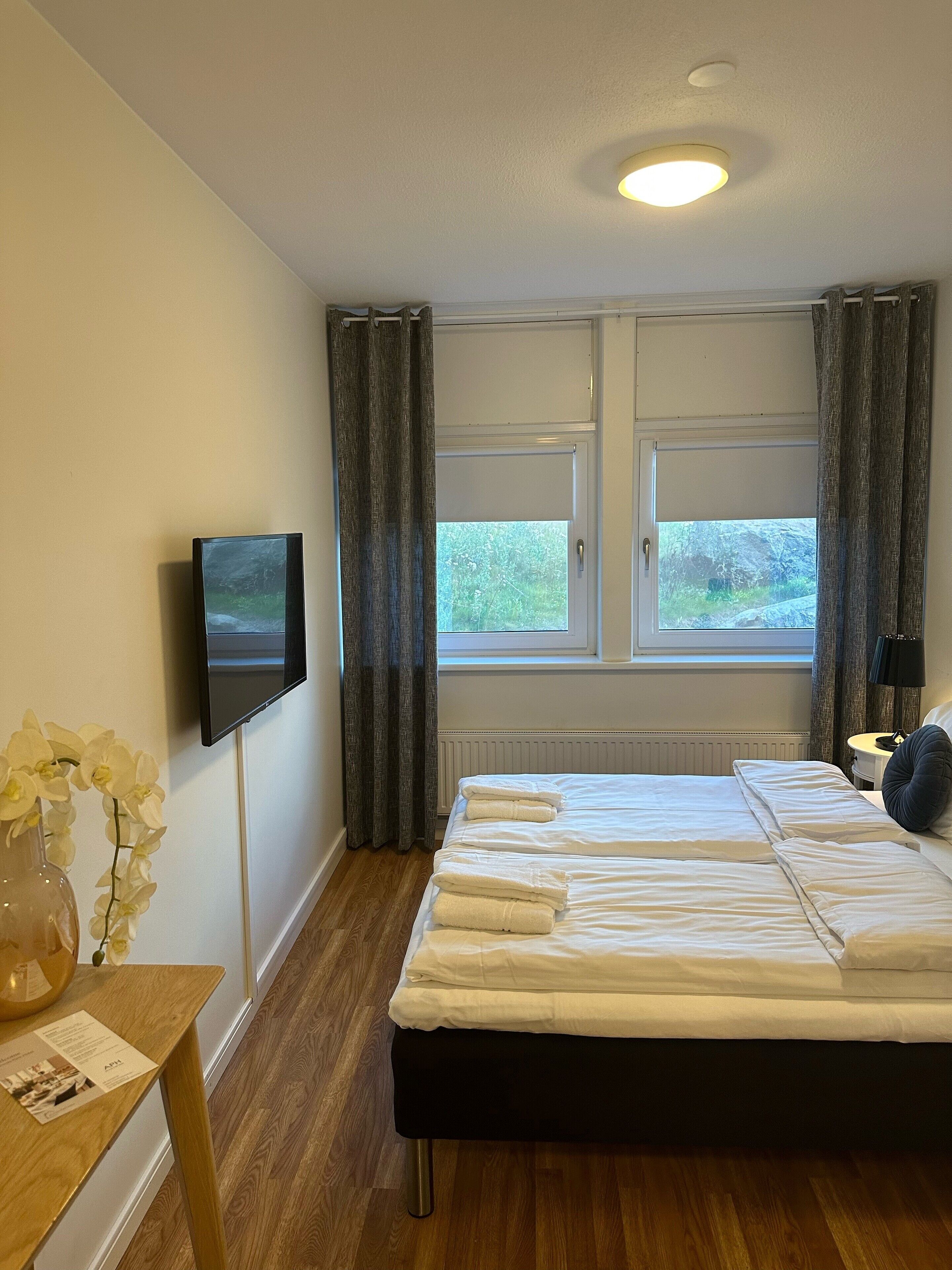 A hotel room with a bed, a TV, a window with curtains, a radiator, and a small table with a vase of flowers.