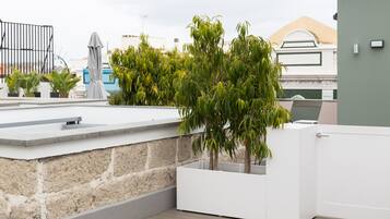 A rooftop terrace with a stone wall, a white planter with trees, and a metal fence.