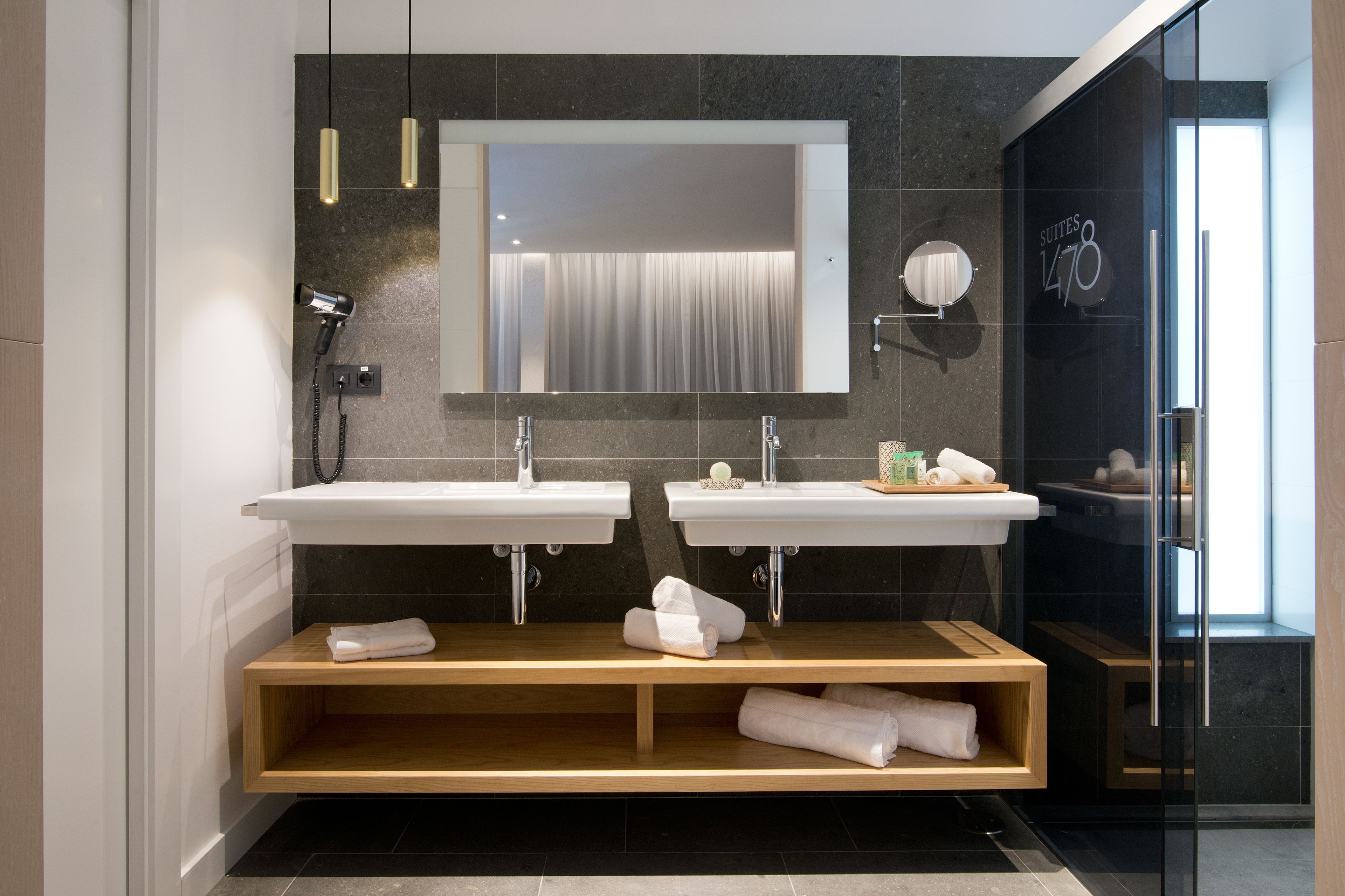 shower, rainfall showerhead, designer toiletries, hair dryer