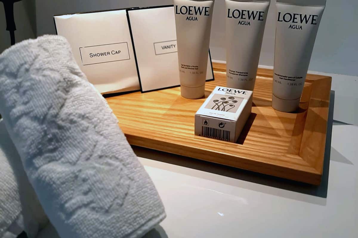 shower, rainfall showerhead, designer toiletries, hair dryer