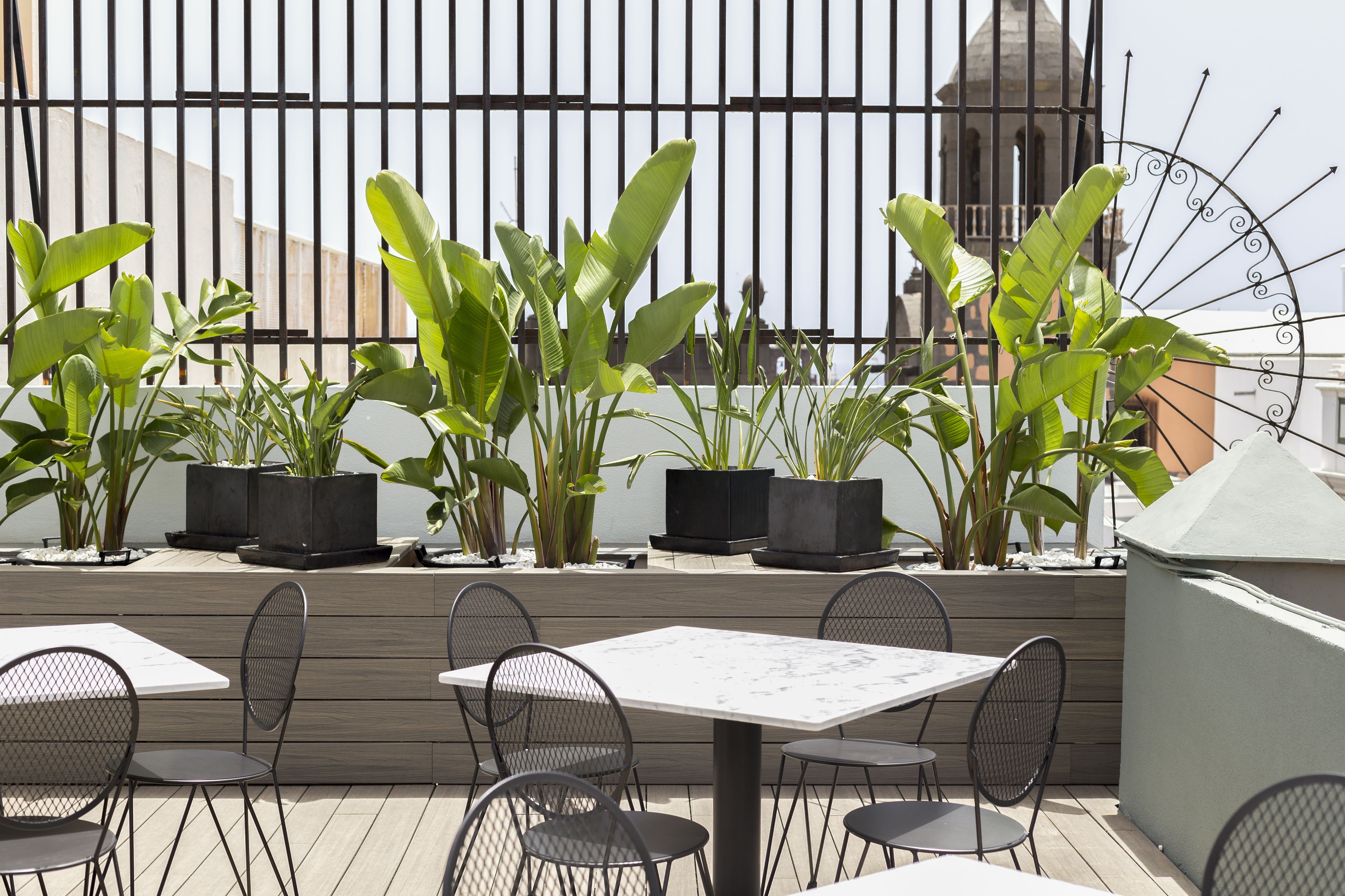 An outdoor patio with a table and chairs, surrounded by potted plants and a decorative metal fence.